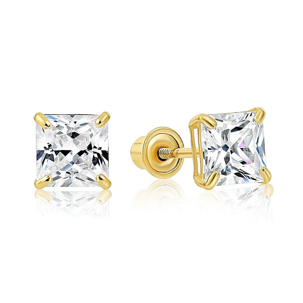 2 ct. White Sapphire Princess cut Stud Earrings in 14k Yellow Gold w/Screw Backs