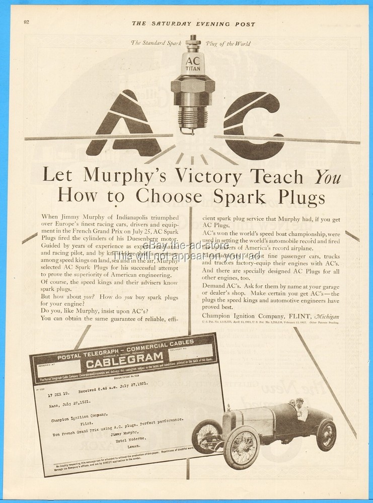 1921 AC Spark Plug Champion Ignition Flint MI Jimmy Murphy Race Car Driver Ad