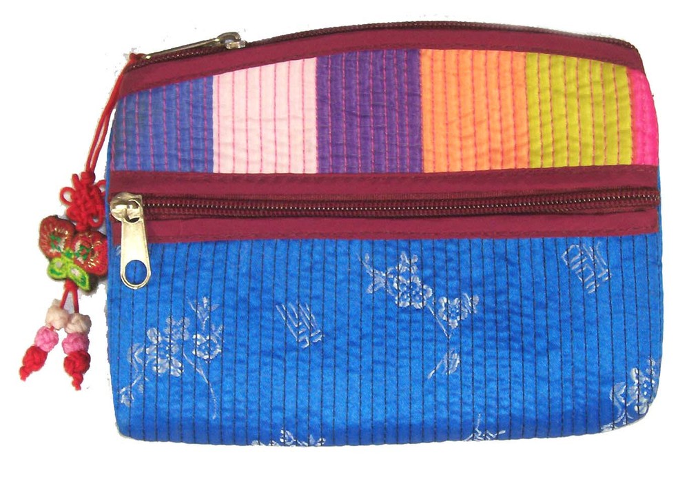 Colorful Beaded Wallet with Dual Zip Compartments 5x4 in Blue Pink Yellow