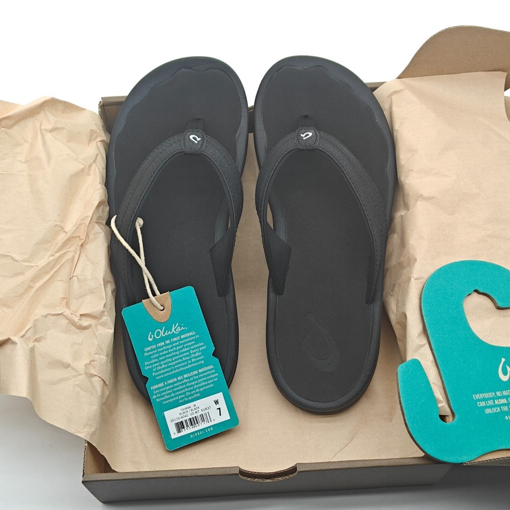 OluKai Ohana Black Sandals Water Resistant Arch Support Sliver US W7