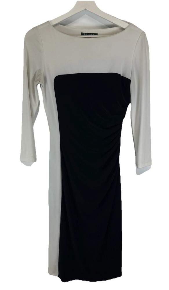 Ralph Lauren Sheath Dress Long Sleeve Color Block Black & Ivory Lined 2