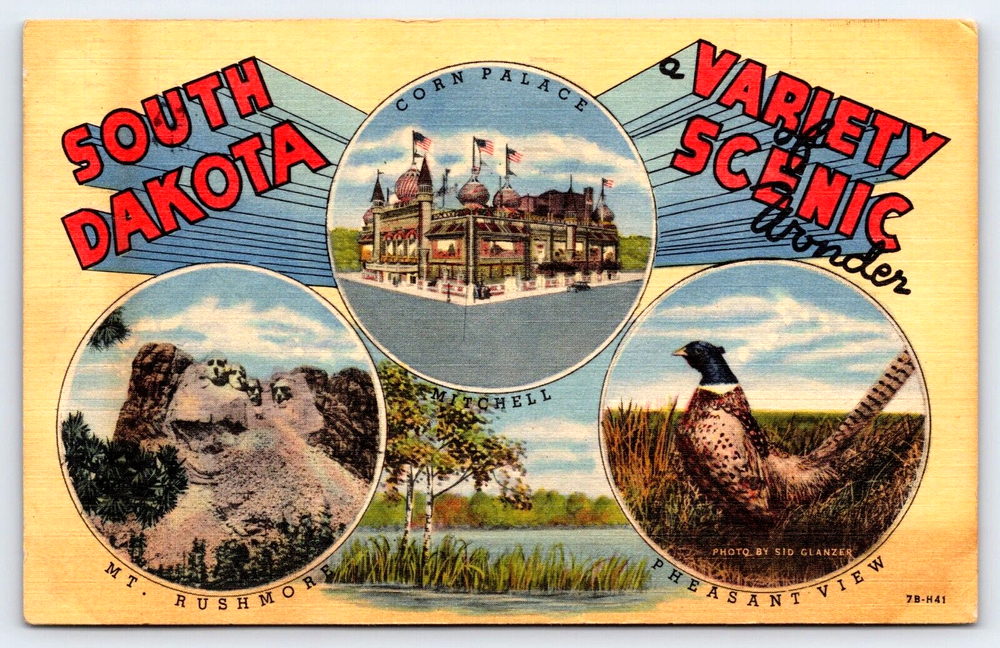 VINTAGE OLD ANTIQUE POSTCARD SOUTH DAKOTA LANDMARKS MT. RUSHMORE CORN PALACE USA