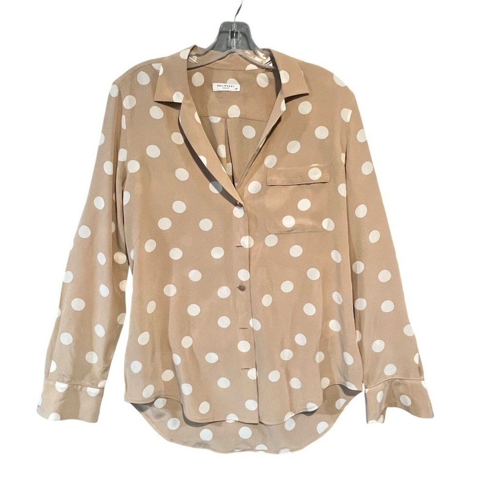 Equipment Femme Silk Button Down Blouse Polka Dot Beige White Small Petite