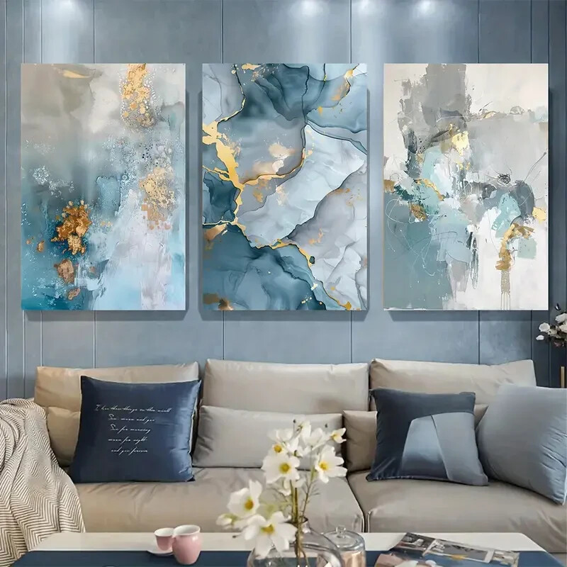 3pcs Abstract Canvas Art with Golden Wall Art Set Canvas Unframed