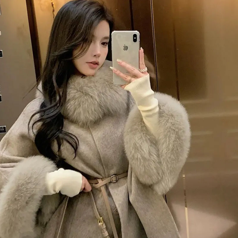 Women's Cashmere Parka with Fur Collar Belted Winter Coat