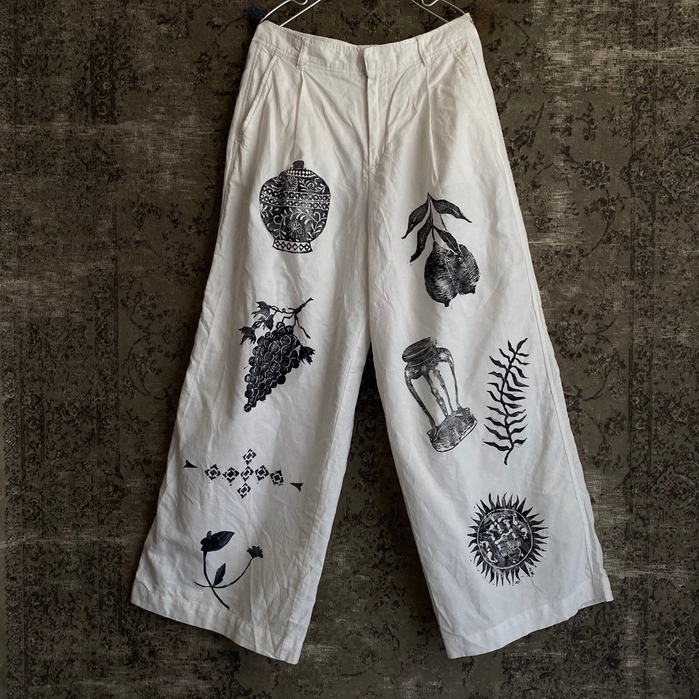 Mui Hand Block Printed Linen Cotton Wide-Leg Pants Unisex White Okinawa Design