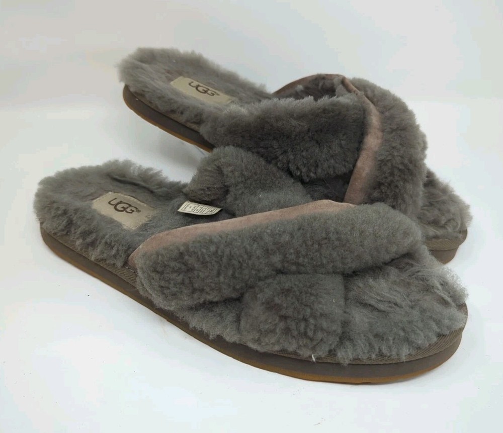 UGG ABELA SLATE FLUFFY SHEEPSKIN SLIPPERS OPEN TOE SLIDES WOMEN US 7 38 Fur Grey