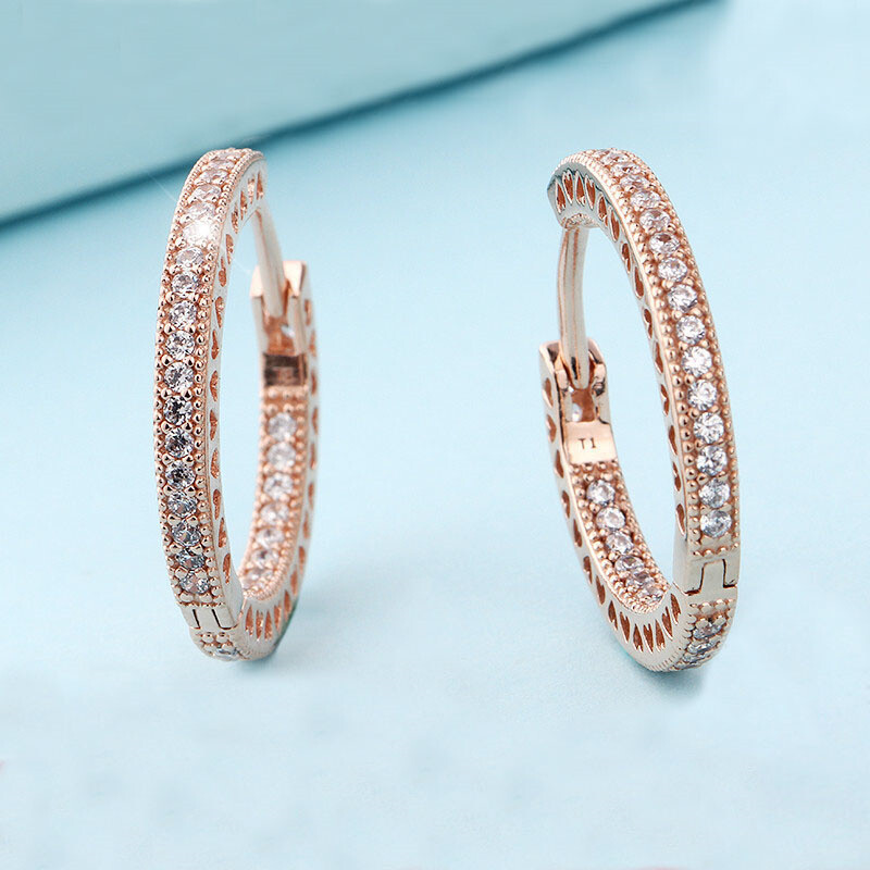 New 925 Sterling Silver Rose Heart Hoop Earrings Authentic Design