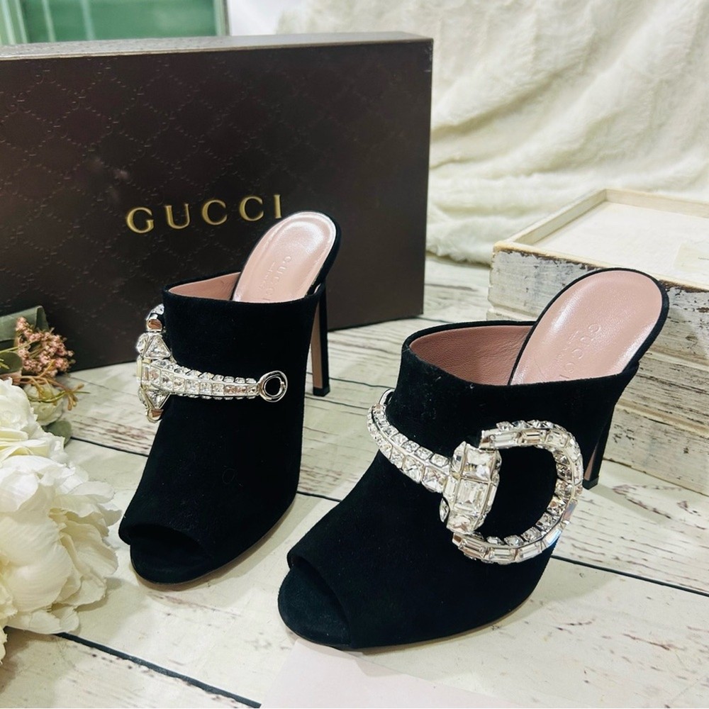 Gucci Black Suede GG Maxime Crystal Peep Toe Mules Heels Size 7 US 37 EU