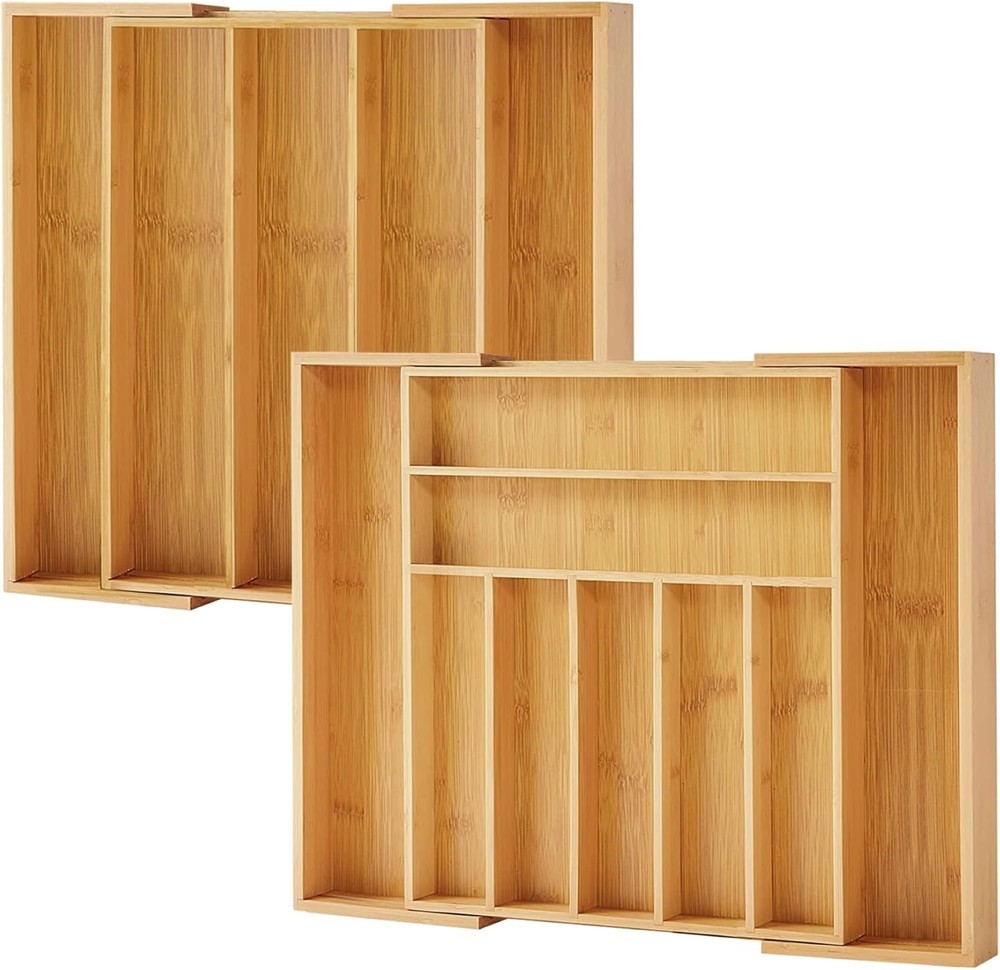 Bamboo Drawer Organizer, 2 Pack - Expandable Silverware Organizer & Utensil Draw