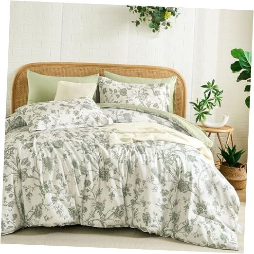 Floral Queen Comforter Set 7 Pieces Bed in a Bag, Sage Green Flower with Bird
