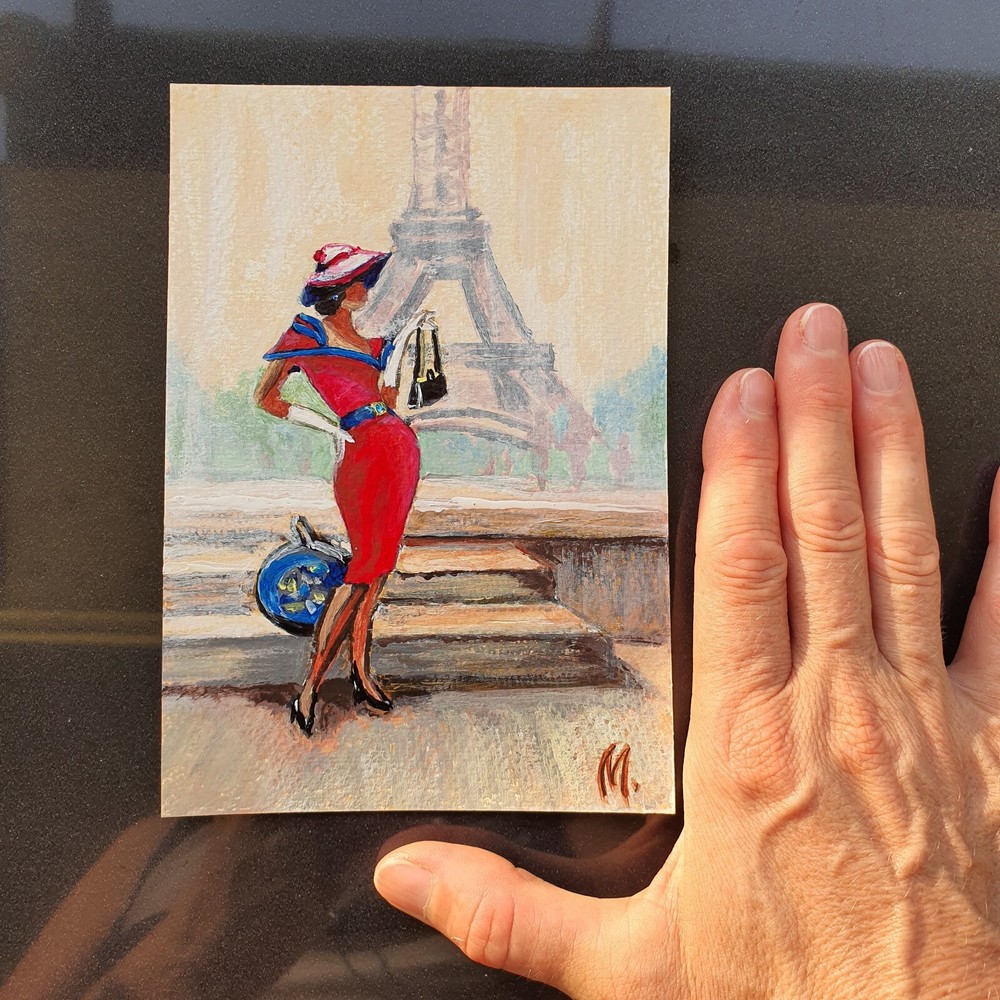 Paris Painting France Cityscape Eiffel Tower Original Art Woman Figure  Vintage