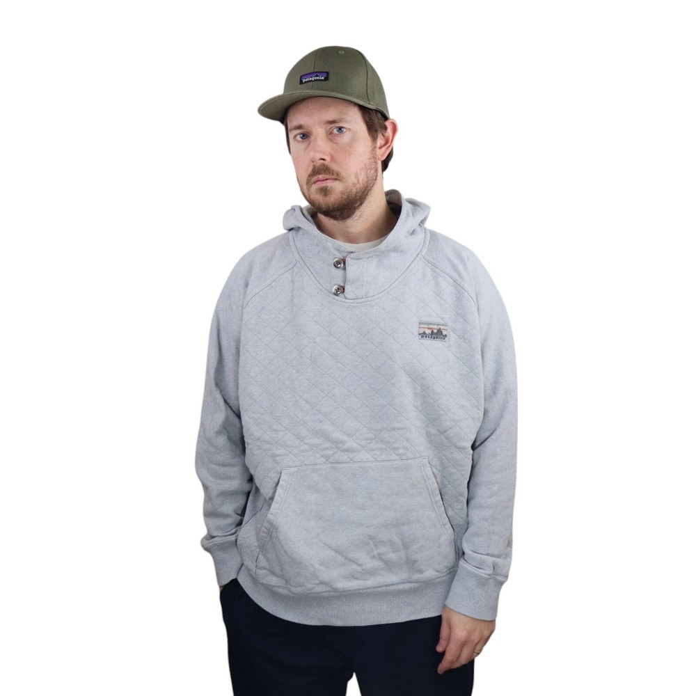 Patagonia Reclaimed Cotton Quilted Hoody Mens XL Gray Orange Pullover Sweatshirt