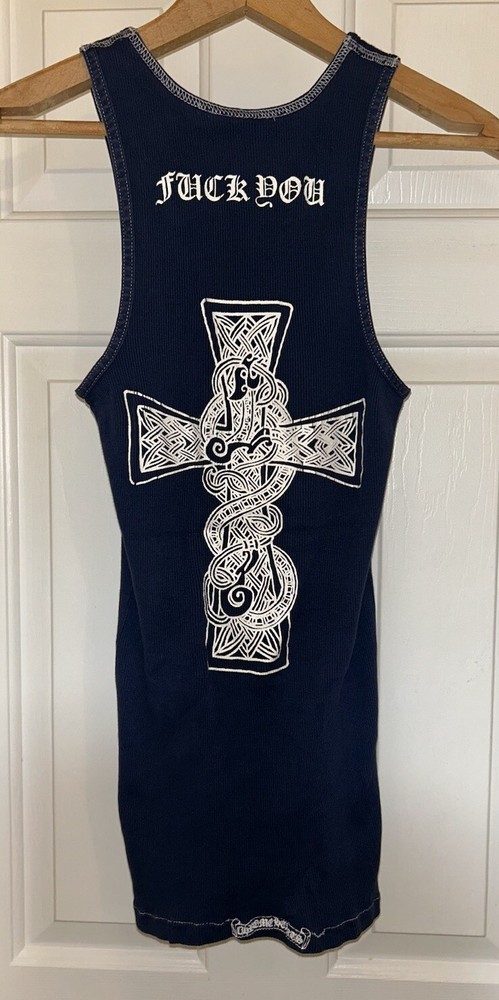 CHROME HEARTS RARE 1999 VINTAGE NAVY BLUE CELTIC CROSS FU F**K YOU T-BAR Medium