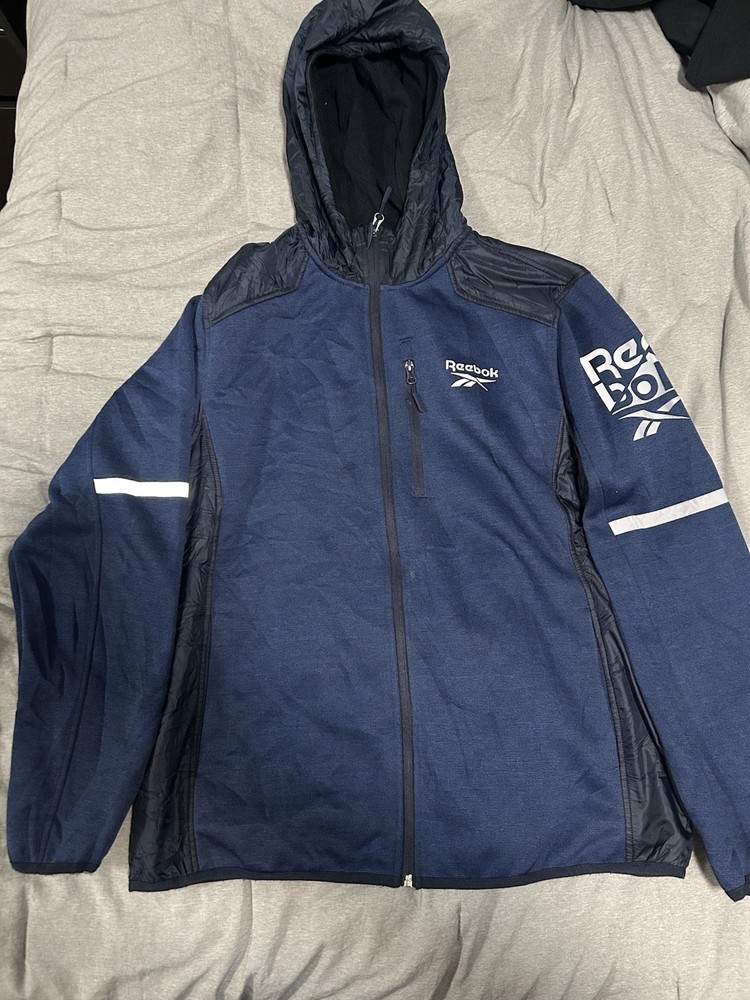 Reebok Hooded Fleece Jacket Men’s Large Navy Blue Full Zip Athletic