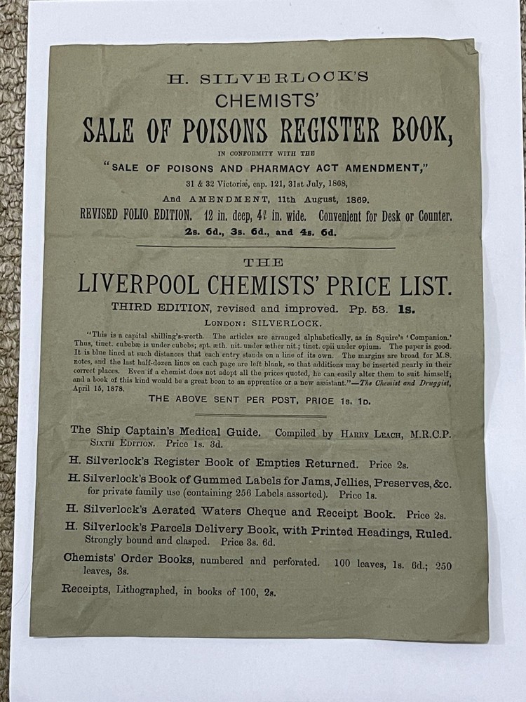 Antique H SILVERLOCK Chemists sales of poisons register pamphlet 1879 -rare