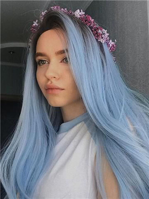 Long Silky Sky Blue Ombre Wig with Dark Roots Straight Heat Safe Glueless