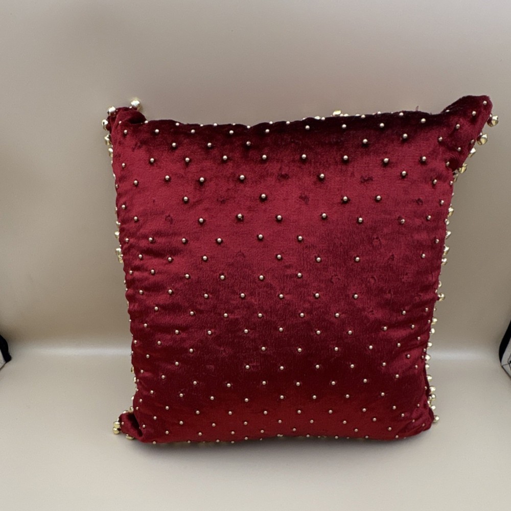 Velvet Red Beaded Decorative Square Pillow for Living Room or Bedroom