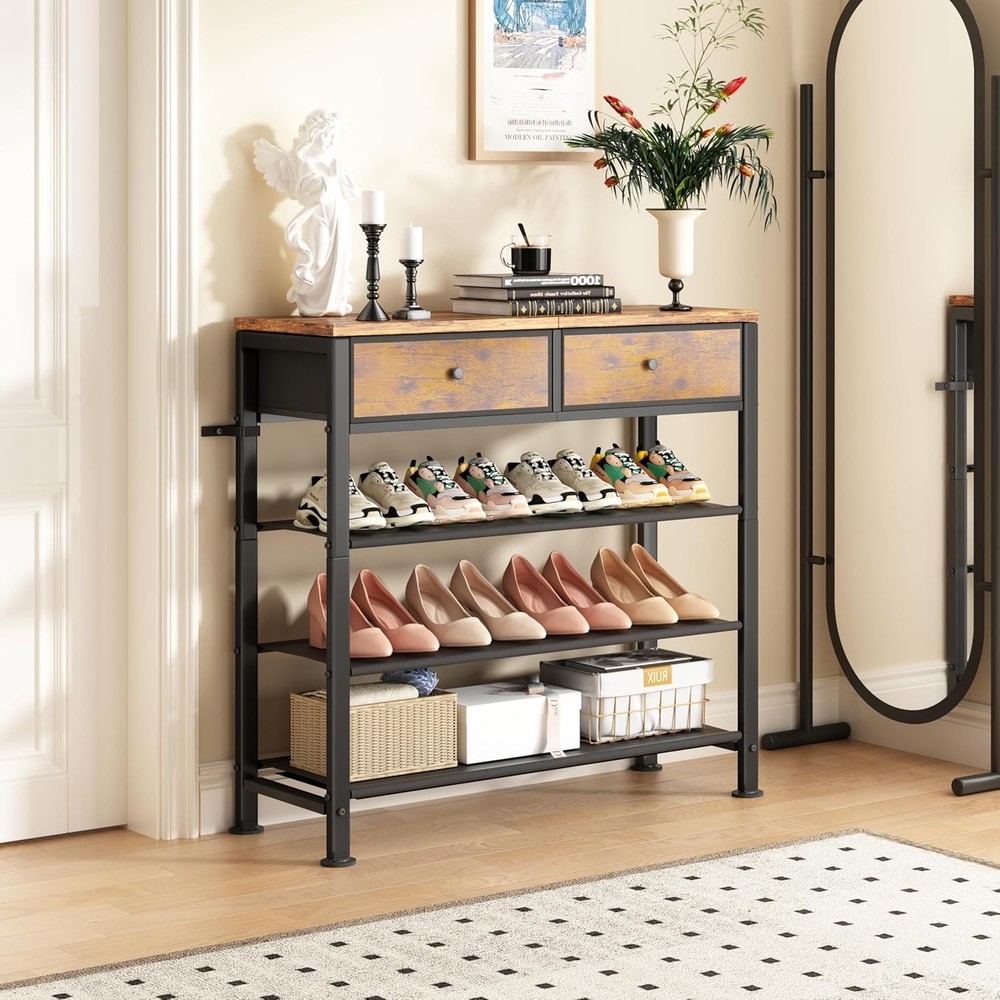 4-Tier Fabric Shoe Rack Organizer with 2 Drawers Holds 9-12 Pairs