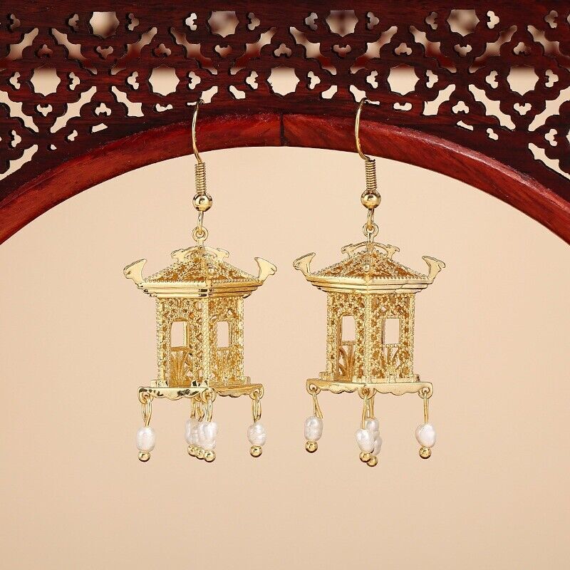 Chinese Style Tassels Pendant Eardrop Pagoda House Earrings Shell Pavilion Retro