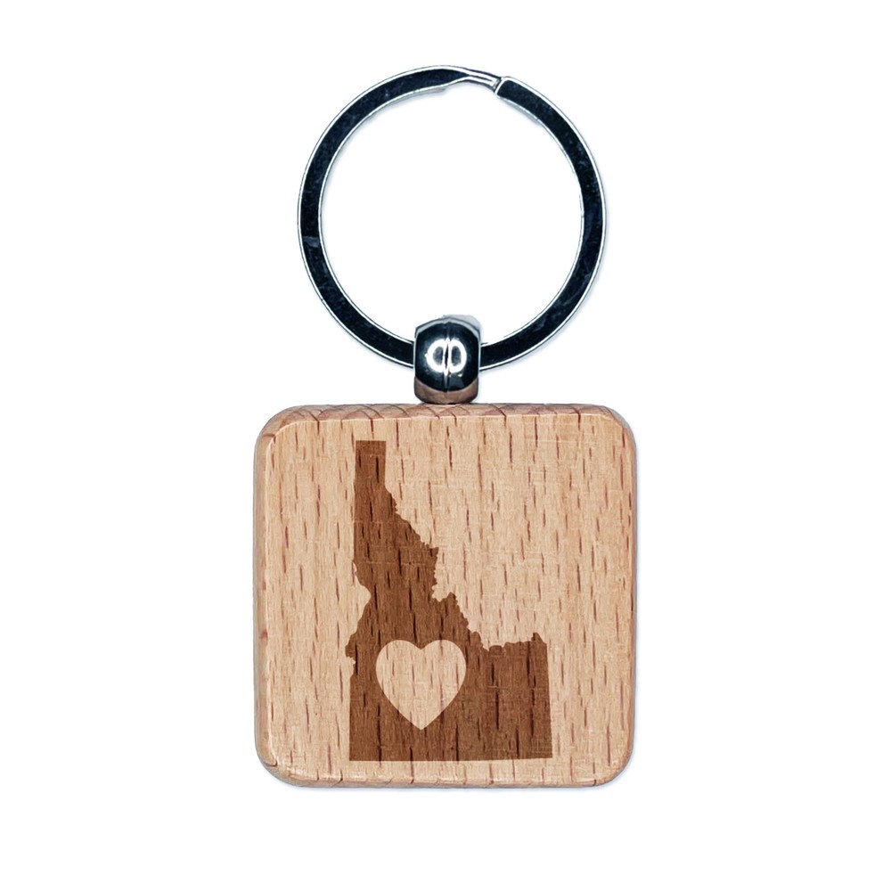 Idaho State with Heart Engraved Wood Square Keychain Tag Charm