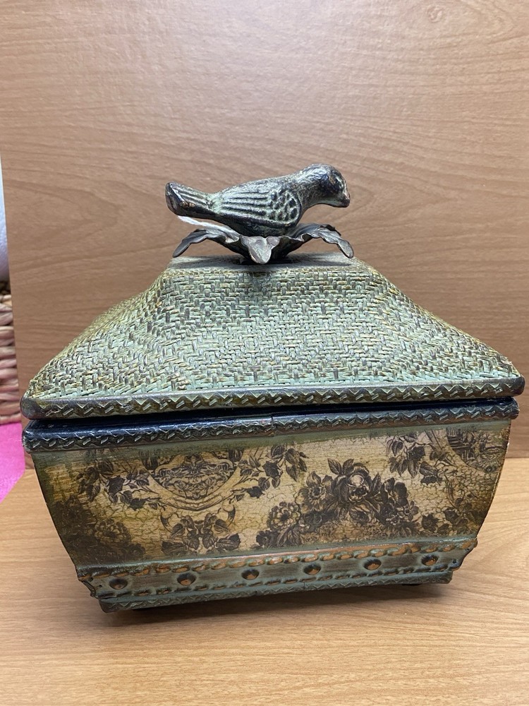 Vintage Woven Wood Box with Metal Accents and Carved Wooden Bird Design