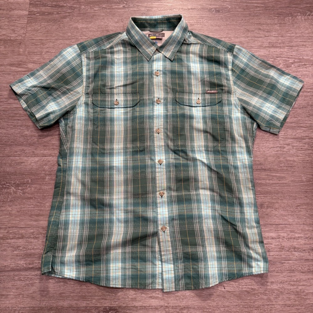 Eddie Bauer Men's Medium Green Plaid Travex Button-Up Shirt for Hiking & Climbing