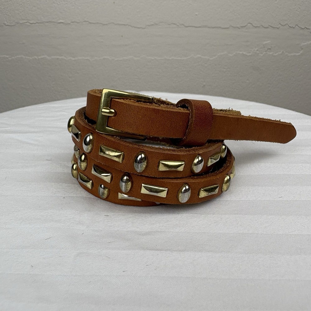 Light Brown Tan Leather Belt Goldtone Silvertone Studded Skinny Belt Bohemian
