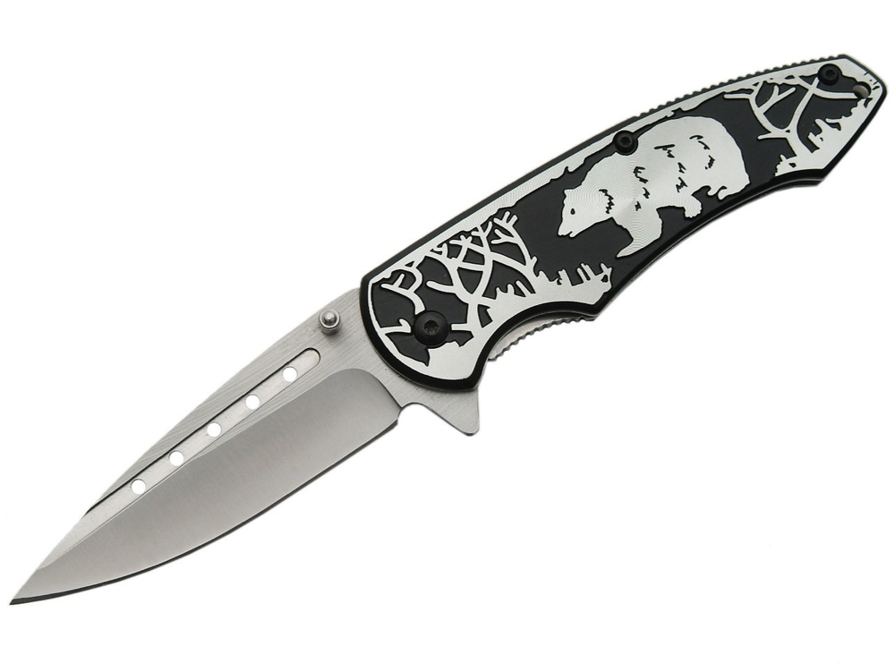 Black Bear Engraved Spring-Assist Folding Knife with Stainless Steel Blade