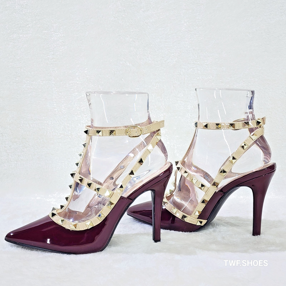 Burgundy Red Patent Studded Strappy Stiletto Heels with Cage Detail