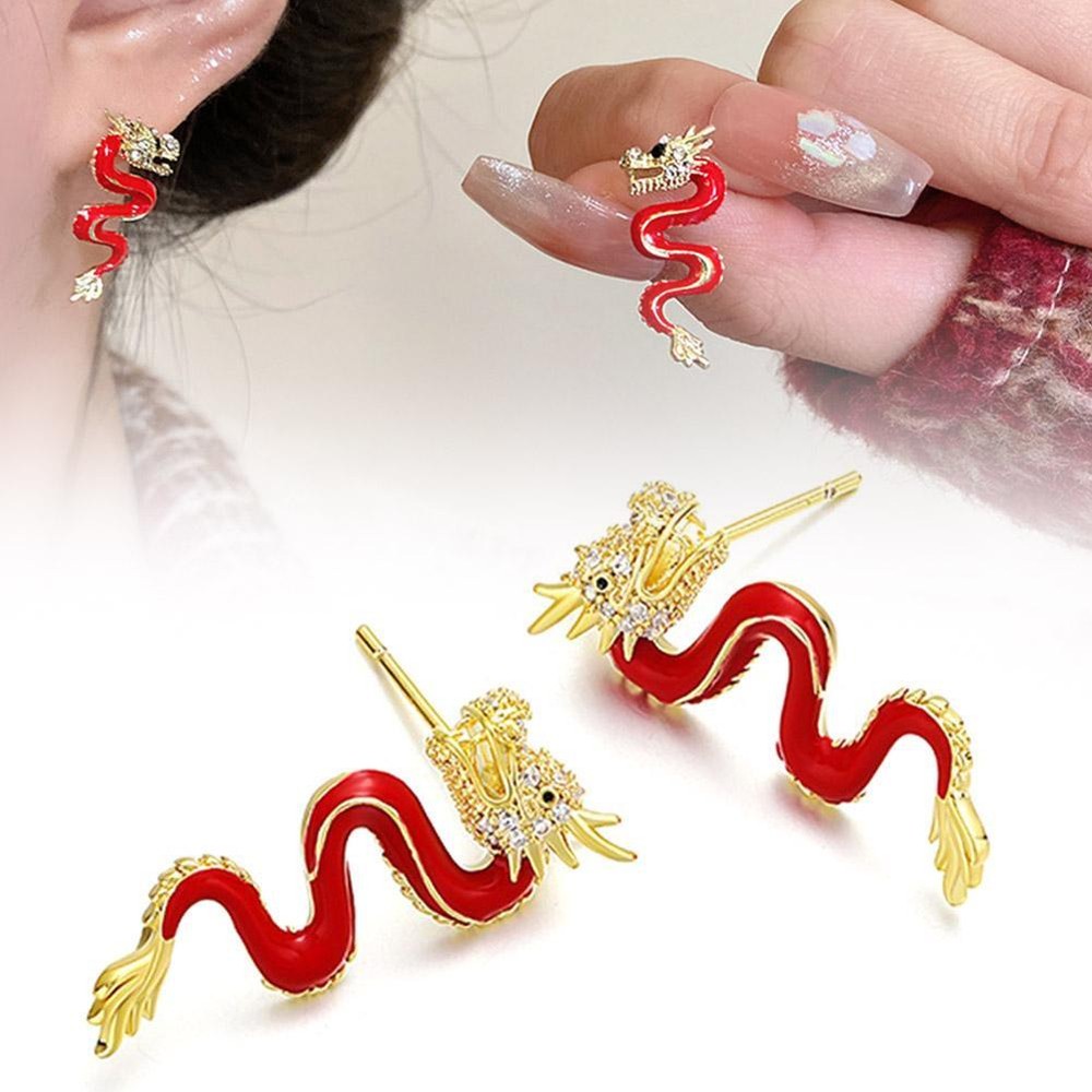 Chinese New Year Dragon Red Enamel Crystal Pierced Earrings-image