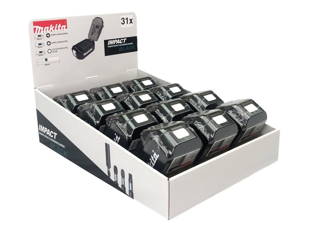 Makita 31-Piece Impact Black Bit Set with Torx Phillips Pozidriv 12x Display E-03090
