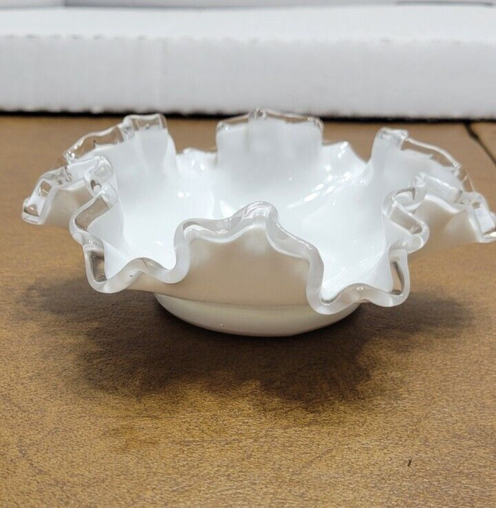 MCM Fenton Silver Crest 6 Inch Ruffled Milk Glass Candy Dish