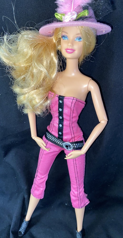So Cute Barbie Doll Sparkly strapless pink belted Outfit Fedora and boots