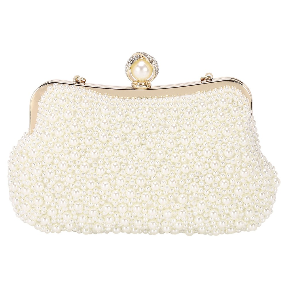 Clutch Purse Evening Bag, Beige Beaded Handbag for Women Club with Pearl Chain