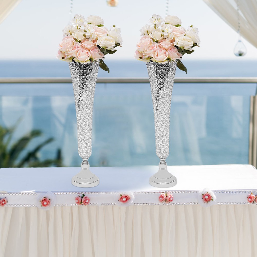 2 Pc Modern Crystal Trumpet Flower Silver Stand Crystal Vase For Wedding Decor