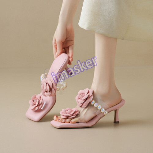 Womens Open Toe Flowers Pearl Slippers Sandals High Stiletto Heel Summer Fashion