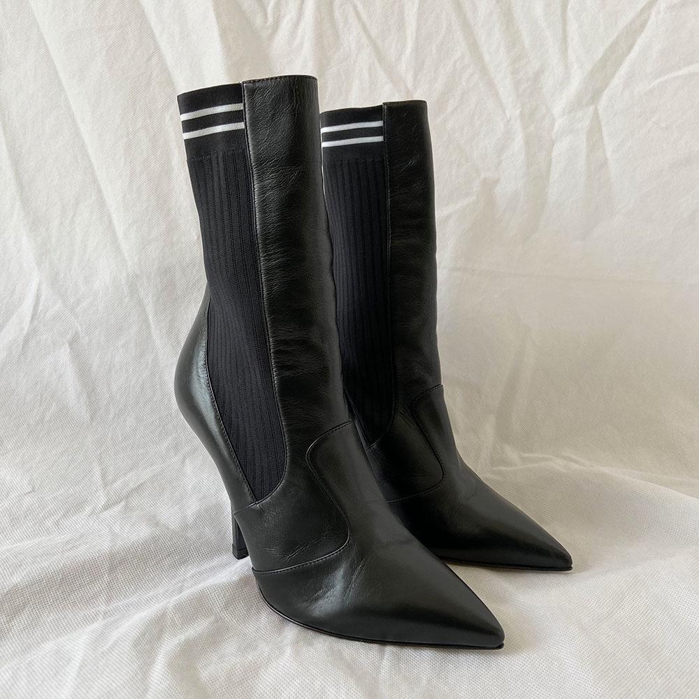 Fendi Black Leather Heeled Boots with Sock Detail Size 37.5