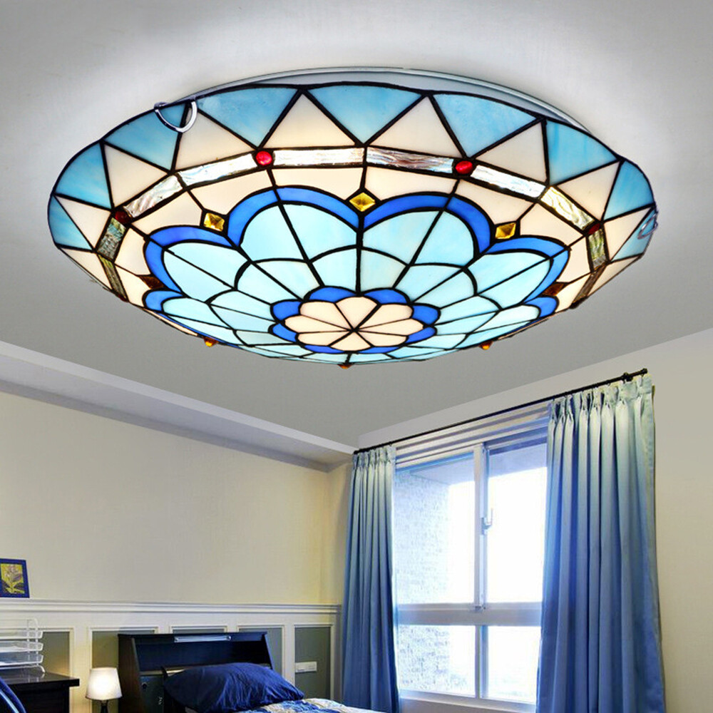 Mediterranean Style Flush Mount Ceiling Light Tiffany Stained Glass Pendant Lamp