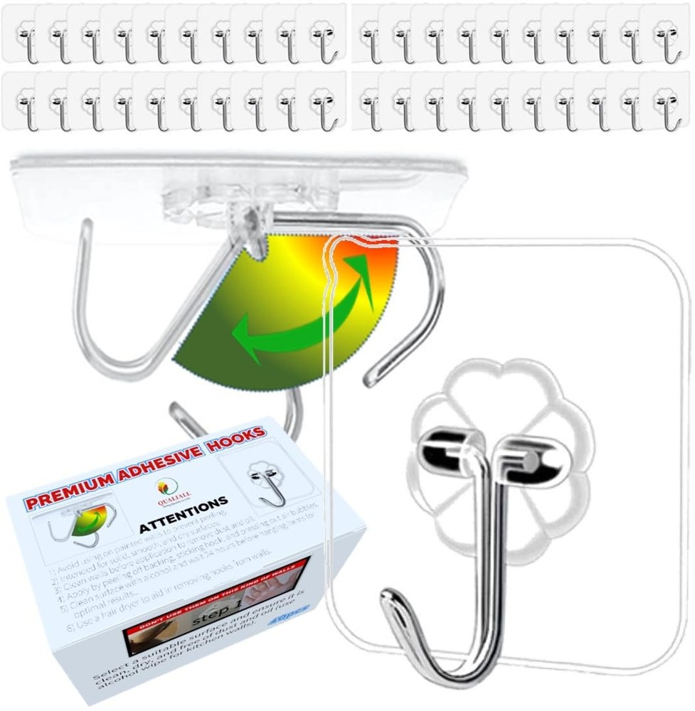 40pcs Clear Heavy Duty Adhesive Hooks for Damage-Free Hanging - Transparent Plastic Wall Hooks