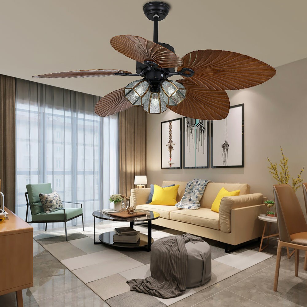 52 Inch Tropical Ceiling Fan with Remote Control and Reversible Blades for Indoor Use 110V