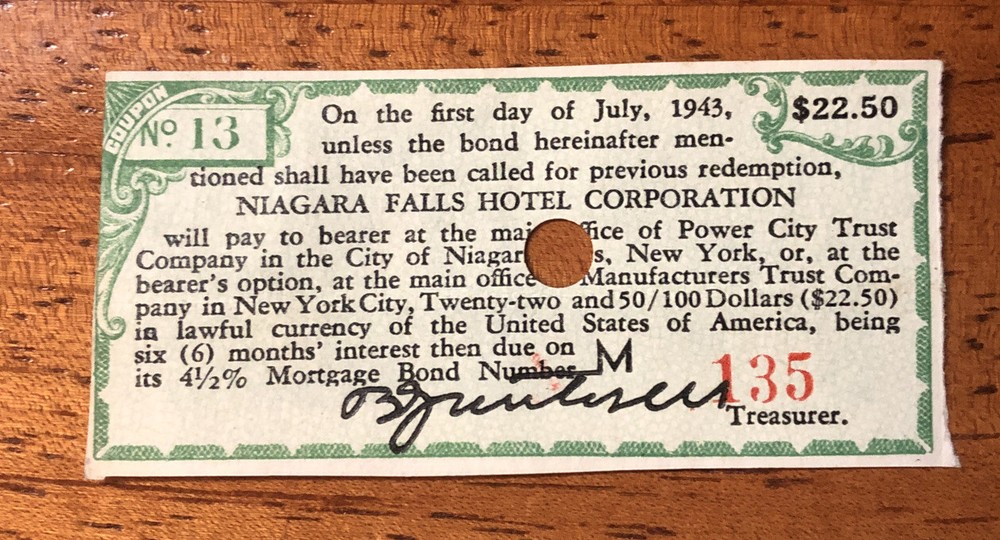 1943 Niagara Falls Hotel Corp Bond M&T Bank #13 Rare Antique $22.50-image