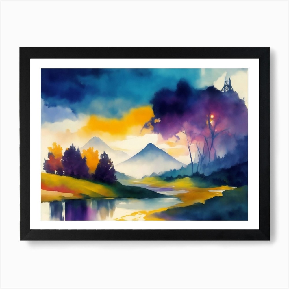 Landscape with mill trees river framed wall art canvas print