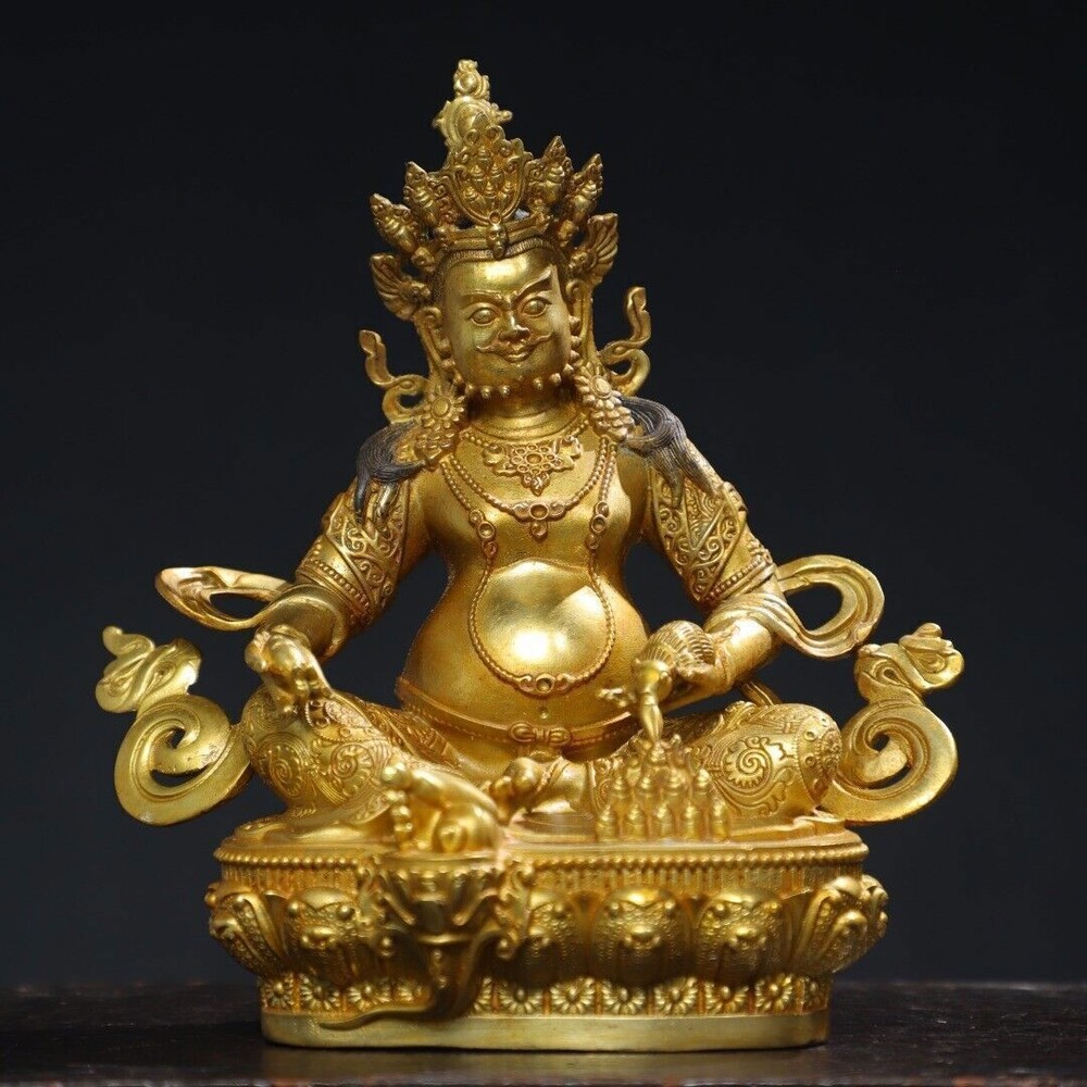 8.3-inch Tibetan Buddhist Bronze 24k Gold Plated Yellow Jambhala Statue