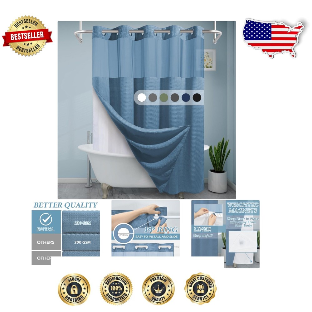 Heavyweight Blue Shower Curtain with Sheer Window & Water Repellent Liner, 71x86