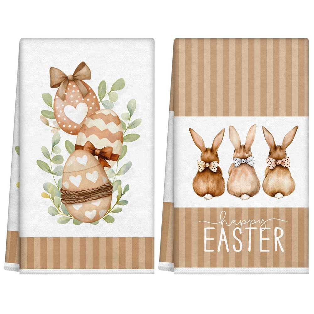 Easter Kitchen Towels Set of 2, Happy Easter Bunny Rabbit Dish Towel, Eggs Ho...