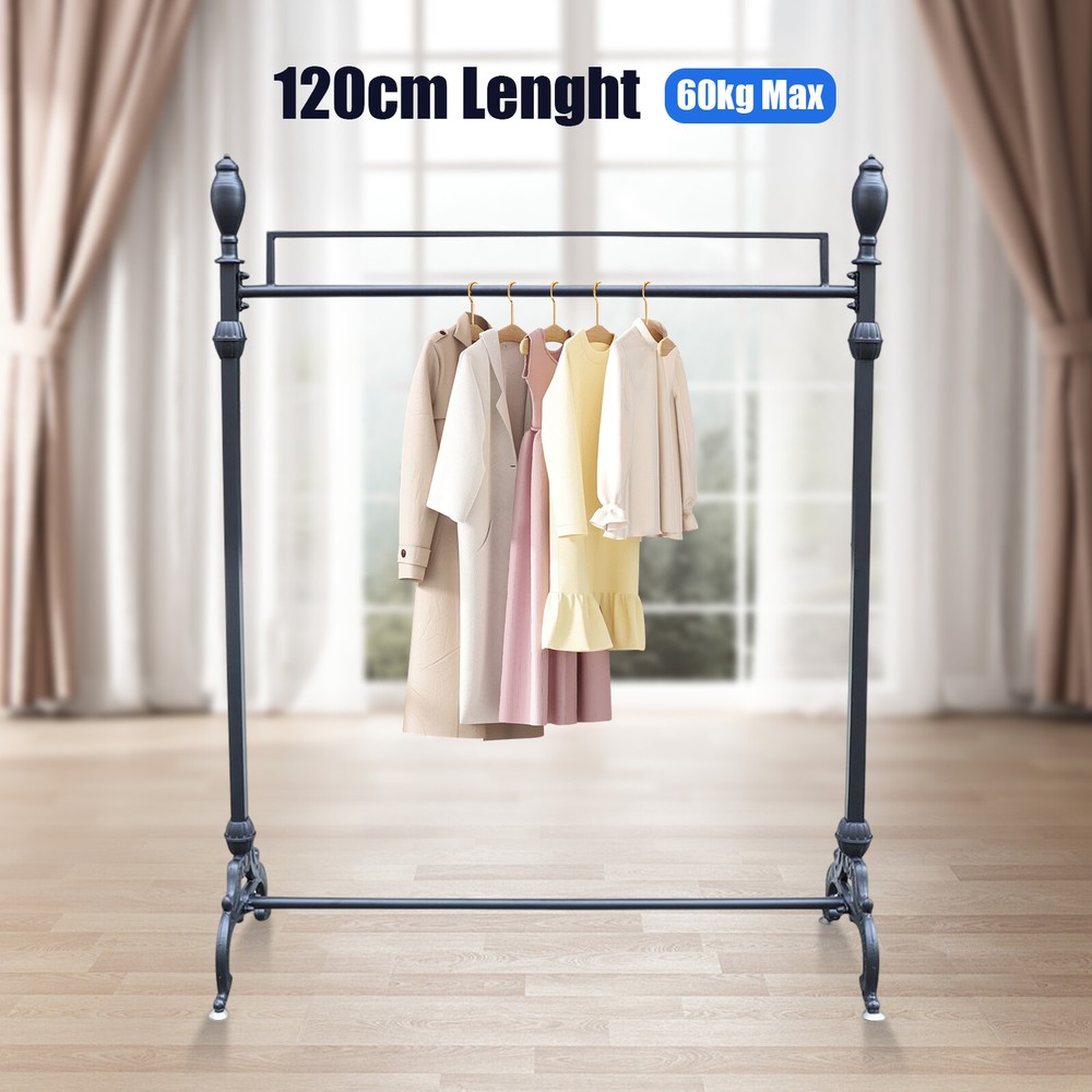 Vintage Black Metal Garment Rack with Ornate Design for Clothes and Quilts