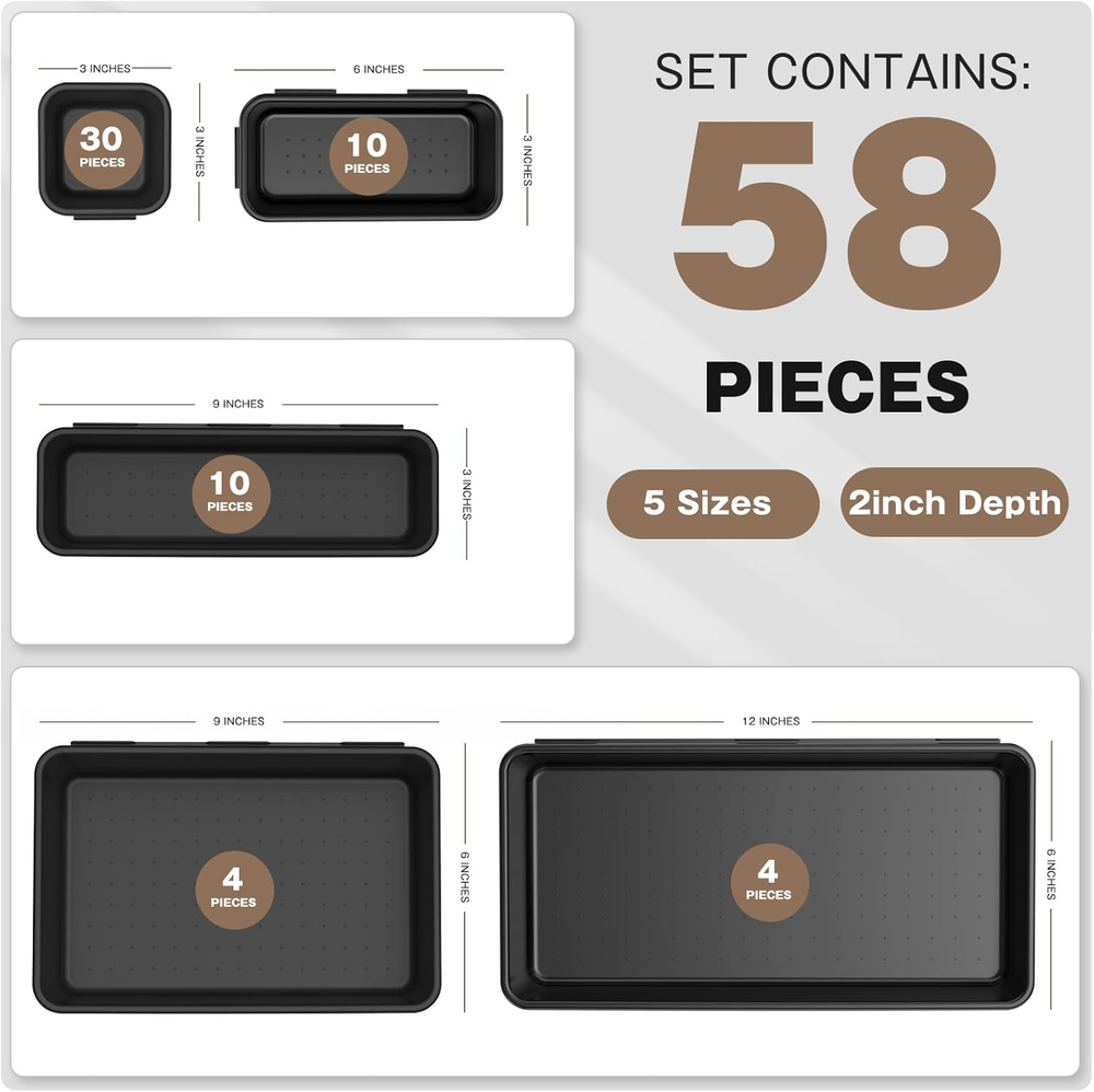 58PC Tool Box Organizer Tray Set 5 Sizes Black Drawer & Garage Storage Divider
