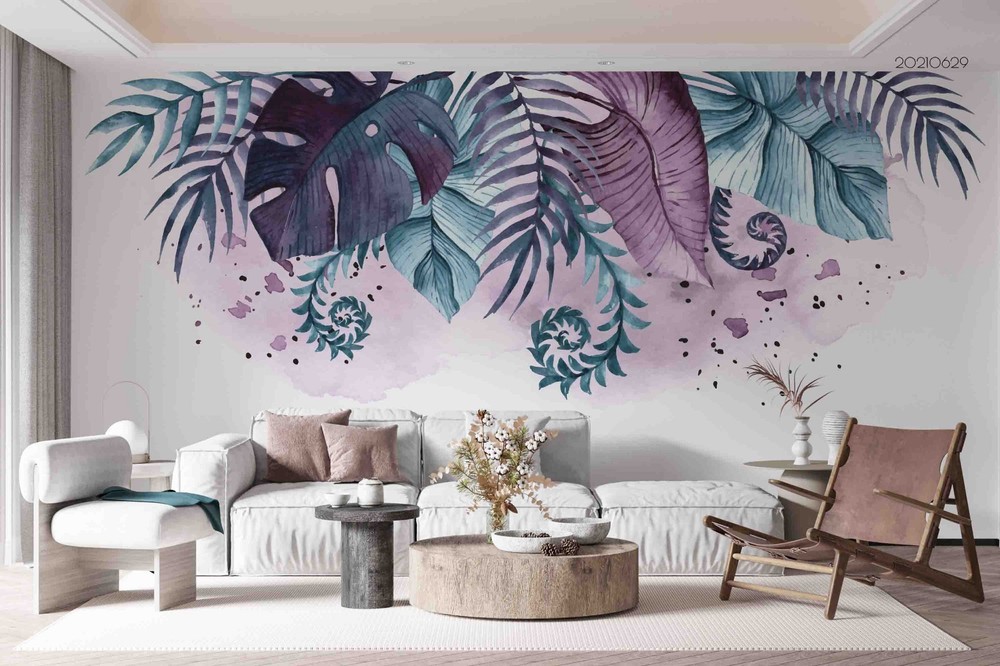 3D Tropical Plants Leaves Watercolor Wall Murals Wallpaper Murals Wall Sticker