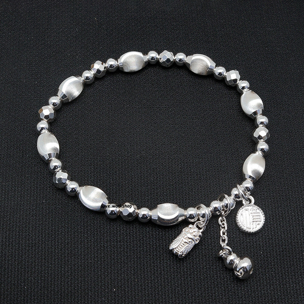 Pure 999 Fine Silver Bracelet with Cat's Eye Bead and Cicada Calabash Charm, 17-18g